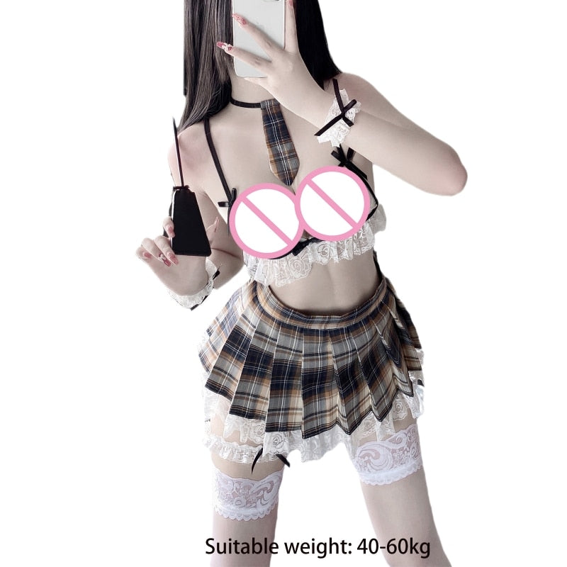 Japanese Korean Sexy Cosplay Skirt Schoolgirl Lingerie Student Uniform Miniskirt Outfit Lace Bra Plaid Dress Costumes