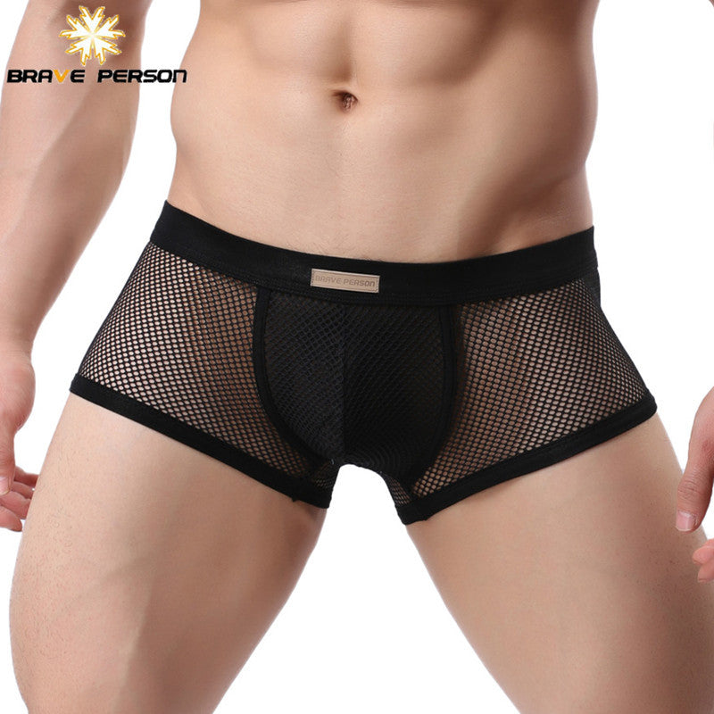 BRAVE PERSON Underwear Men Boxers Breathable Mesh Hollow Boxer Shorts Sexy Underwear Transparent Men Boxers
