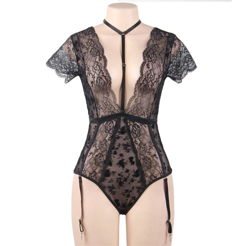 Comeondear Sexy Bodysuits For Sexy Women Wetlook Lace Teddy Choker Neck Backless Deep V Body Suit Lingerie Plus Size 5XL