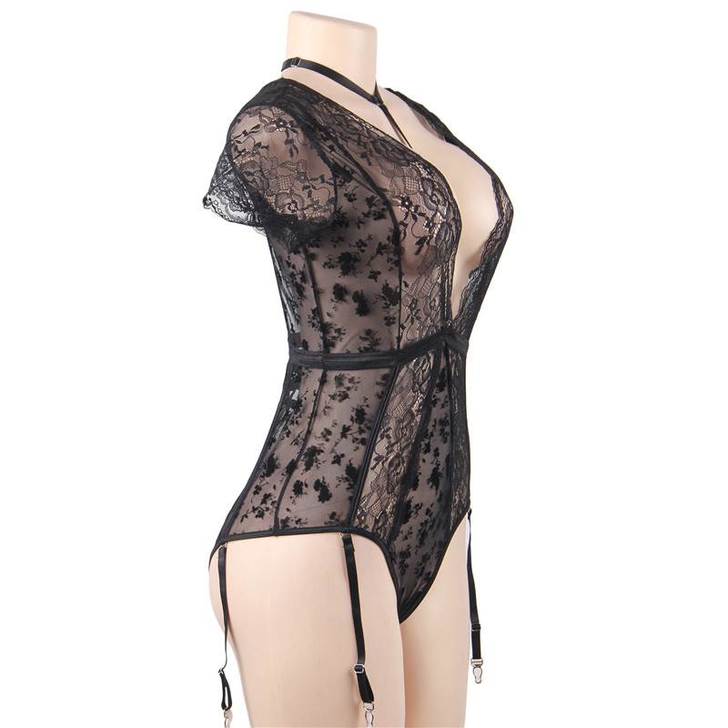 Comeondear Sexy Bodysuits For Sexy Women Wetlook Lace Teddy Choker Neck Backless Deep V Body Suit Lingerie Plus Size 5XL