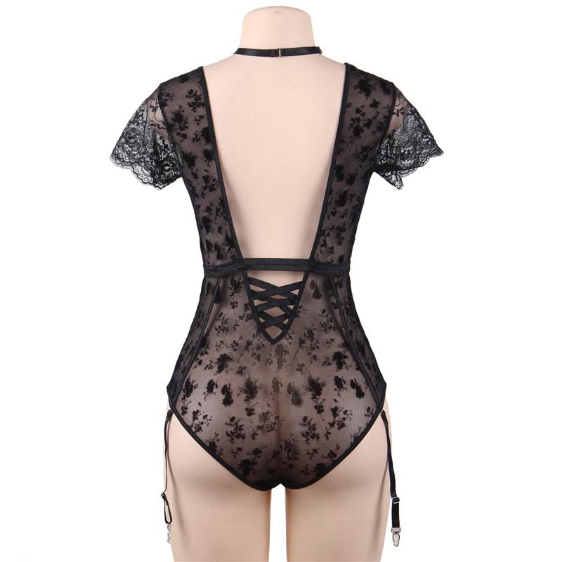 Comeondear Sexy Bodysuits For Sexy Women Wetlook Lace Teddy Choker Neck Backless Deep V Body Suit Lingerie Plus Size 5XL