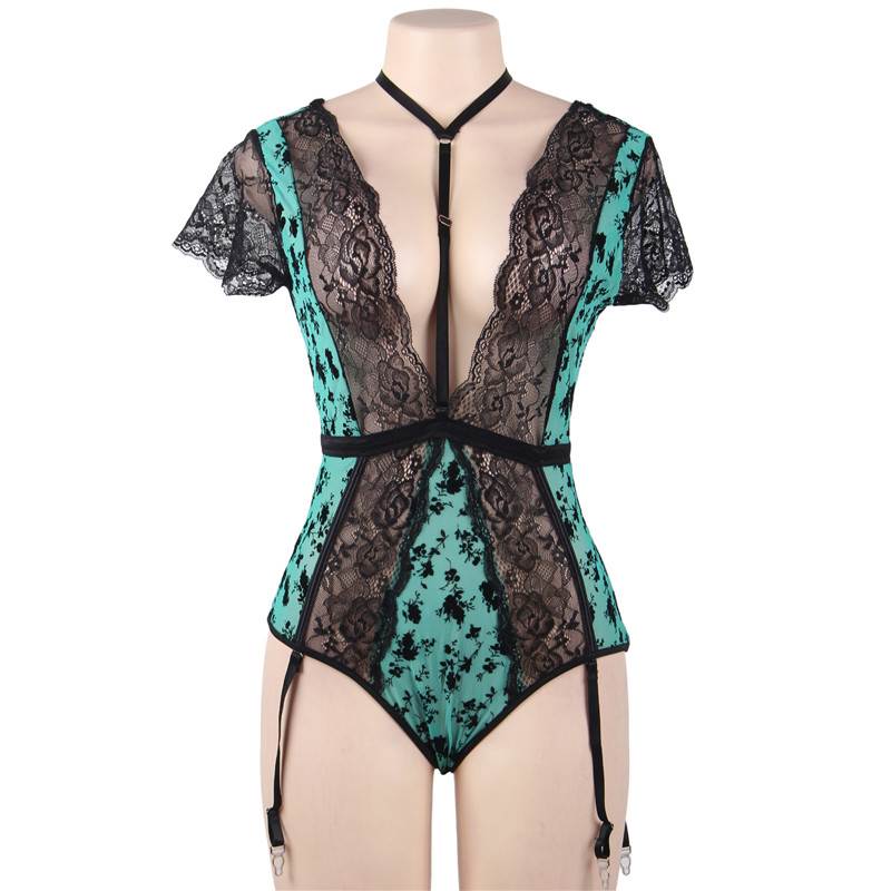 Comeondear Sexy Bodysuits For Sexy Women Wetlook Lace Teddy Choker Neck Backless Deep V Body Suit Lingerie Plus Size 5XL