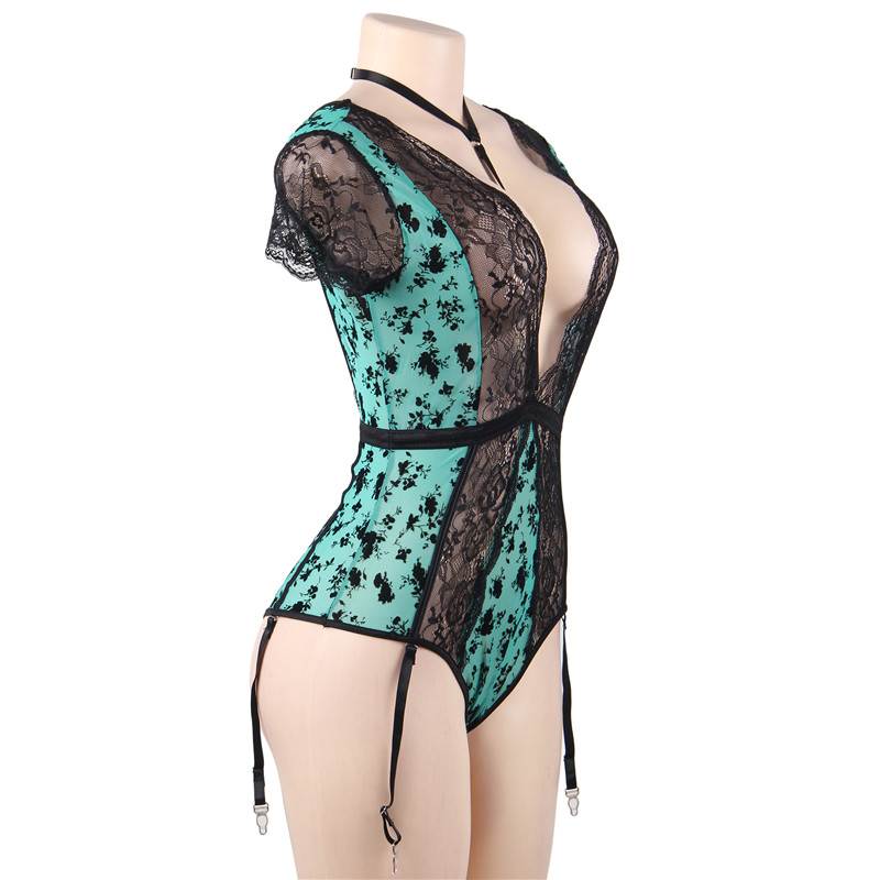 Comeondear Sexy Bodysuits For Sexy Women Wetlook Lace Teddy Choker Neck Backless Deep V Body Suit Lingerie Plus Size 5XL
