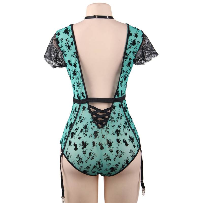 Comeondear Sexy Bodysuits For Sexy Women Wetlook Lace Teddy Choker Neck Backless Deep V Body Suit Lingerie Plus Size 5XL