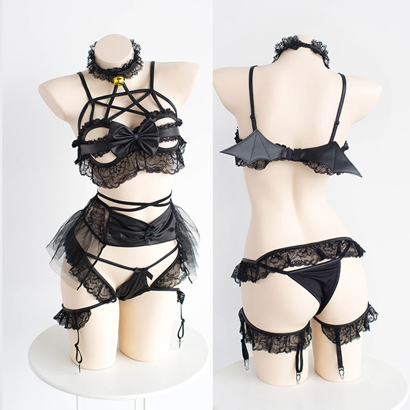 Japanese Womens Devil Cosplay Costumes Sexy Bandage Lingerie Set Lolita Anime Shouw Bikini with Wings Halloween Costumes