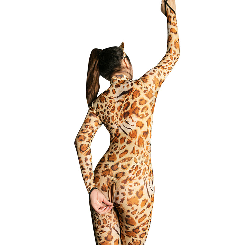 Bodysuit Sexy Lingerie Women Cosplay Leopard Bodystocking Two Way Zipper Long Sleeve Open Exotic Catsuit Costumes For Sex