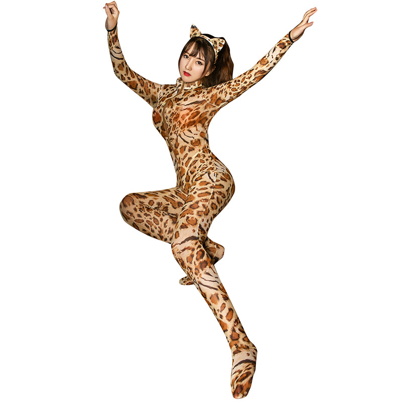 Bodysuit Sexy Lingerie Women Cosplay Leopard Bodystocking Two Way Zipper Long Sleeve Open Exotic Catsuit Costumes For Sex