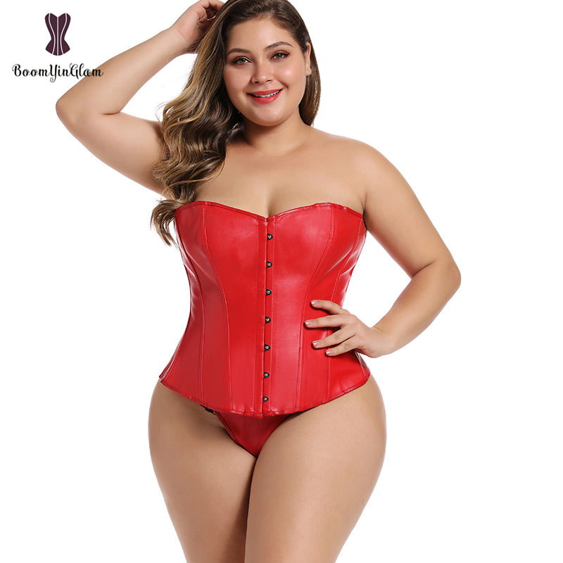 Plus Size Faux Leather Women Overbust Lace-up Boned Bridal Corset Bustier Lingerie Brocade Top
