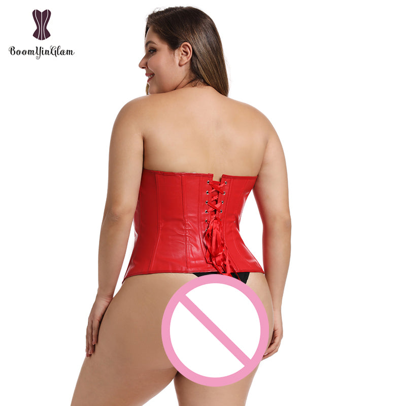Plus Size Faux Leather Women Overbust Lace-up Boned Bridal Corset Bustier Lingerie Brocade Top
