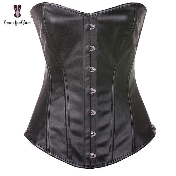 Plus Size Faux Leather Women Overbust Lace-up Boned Bridal Corset Bustier Lingerie Brocade Top