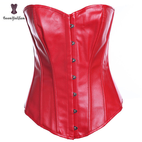 Plus Size Faux Leather Women Overbust Lace-up Boned Bridal Corset Bustier Lingerie Brocade Top