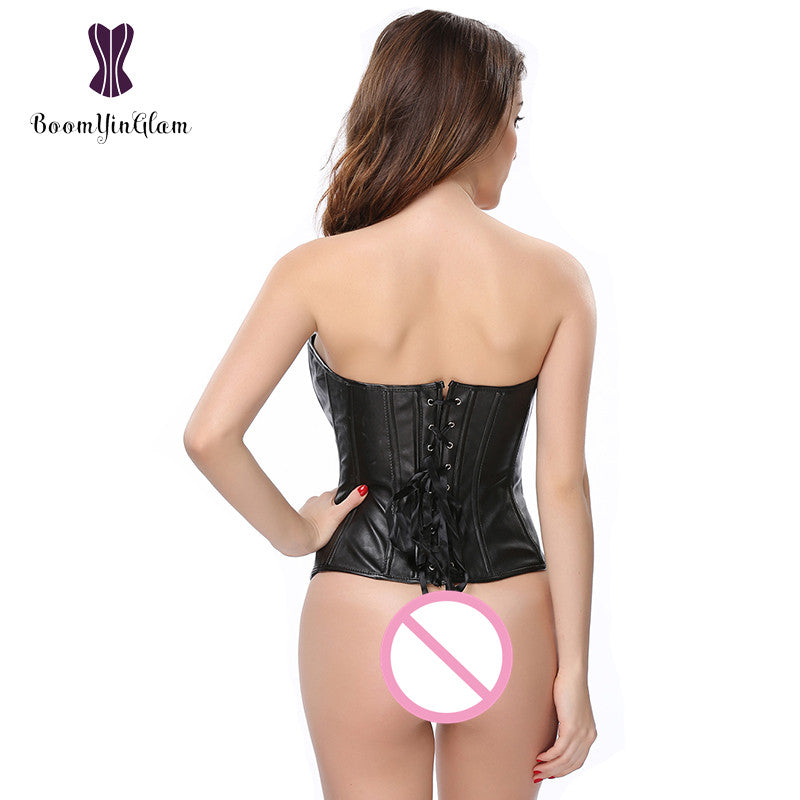 Plus Size Faux Leather Women Overbust Lace-up Boned Bridal Corset Bustier Lingerie Brocade Top