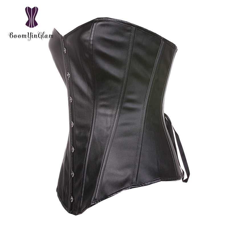 Plus Size Faux Leather Women Overbust Lace-up Boned Bridal Corset Bustier Lingerie Brocade Top
