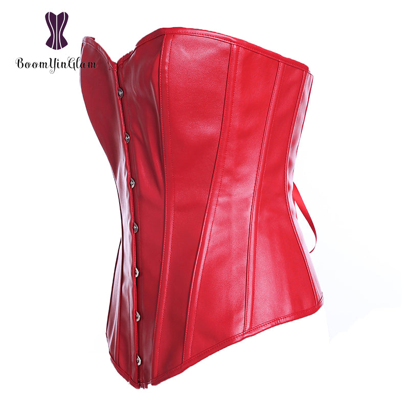 Plus Size Faux Leather Women Overbust Lace-up Boned Bridal Corset Bustier Lingerie Brocade Top