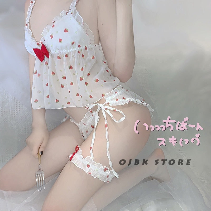 Embroidery Camisole Kawaii Strawberry Sleepwear Anime Girl Cosplay Costume Cute sexy Lingerie Set Uniform Underwear Dropshipping