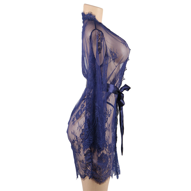 Comeonlover Kimono Femme Lace Robe Transparent Dress Plus Size Clothing Sexy Peignoirs For Women Nightie Long Sleeve Nightgown