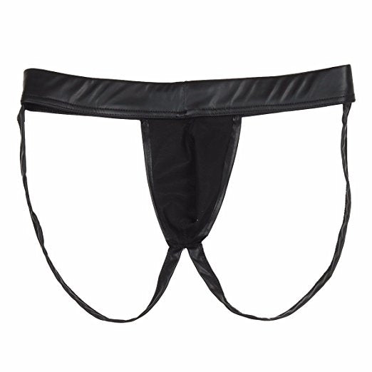Faux Leather Thongs Sexy Mens Black G-String Imitation Leather Jockstrap Underwear PU Leather Open Butt penis pouch bikini