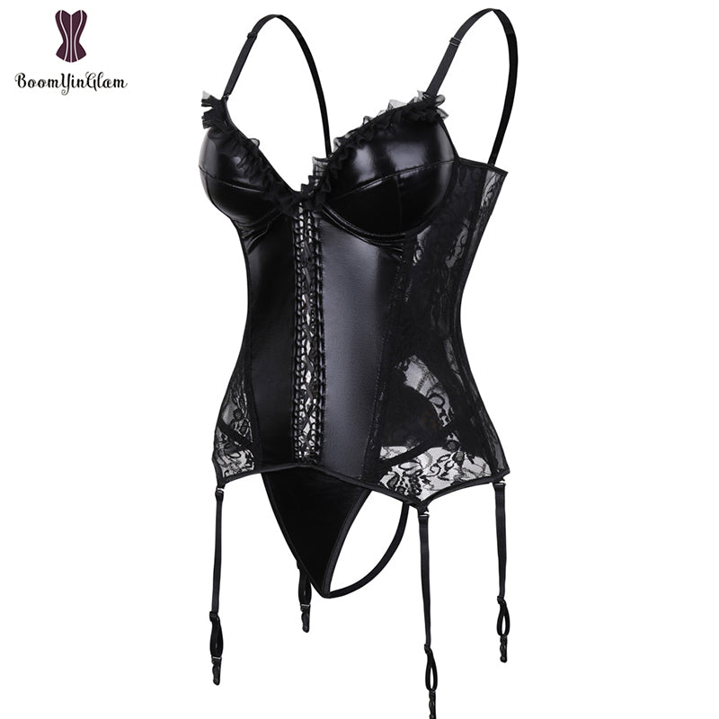 Removable Straps Transcult Sexy Lingerie Sequin Leather Floral Lace Corset Women Overbust Bustier Top With Suspenders