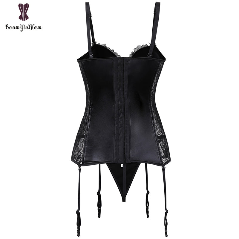 Removable Straps Transcult Sexy Lingerie Sequin Leather Floral Lace Corset Women Overbust Bustier Top With Suspenders