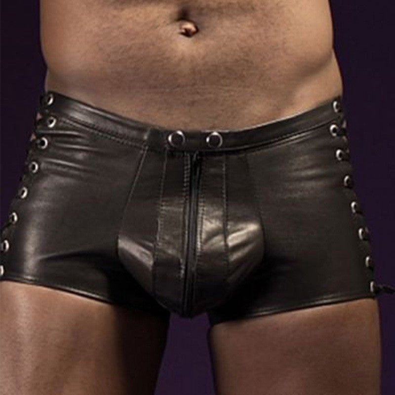 sexy lingerie Hot Mens Latex PVC Bondage open crotch leggings Shorts Gothic Fetish Gay Faux Leather Lace Up short pants clubwear