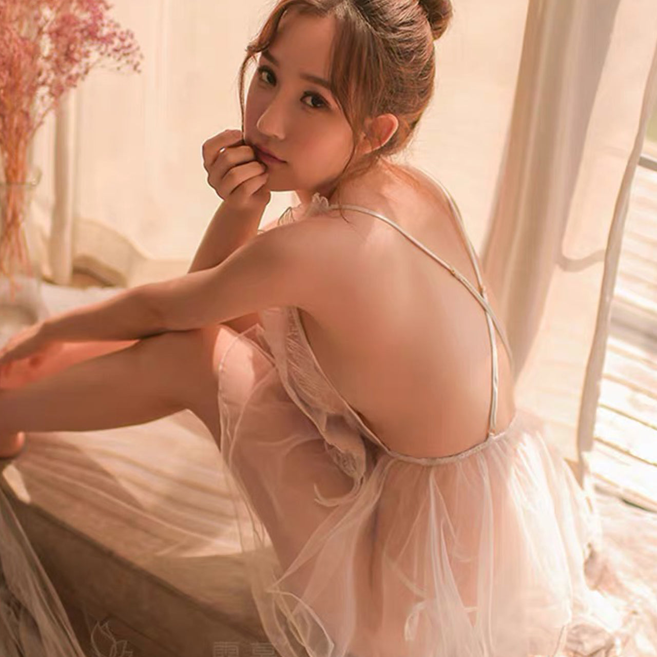 IRENE TINNIE Sexy Deep V Lingerie Women See Through Lace Pajamas Thong Panties Sets Mini Nightdress Hollow Out