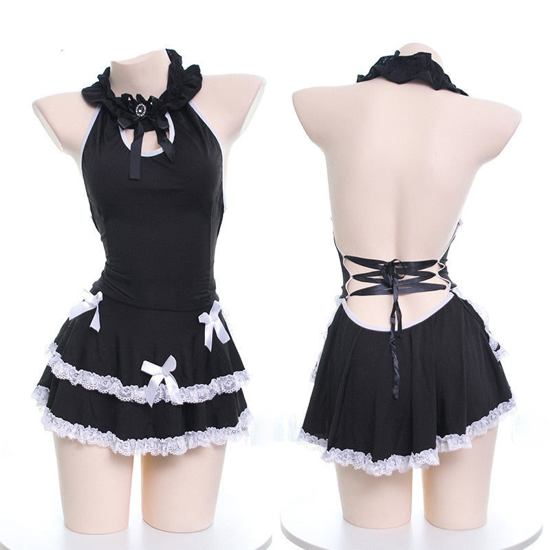 Sexy Japanese Sweet Lolita Cute Lace Bow Sleepwear Halter Backless Maid Dress Gothic Female Lace-up Pajamas Night skirt Lingerie