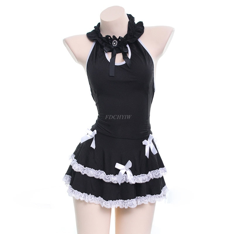 Sexy Japanese Sweet Lolita Cute Lace Bow Sleepwear Halter Backless Maid Dress Gothic Female Lace-up Pajamas Night skirt Lingerie