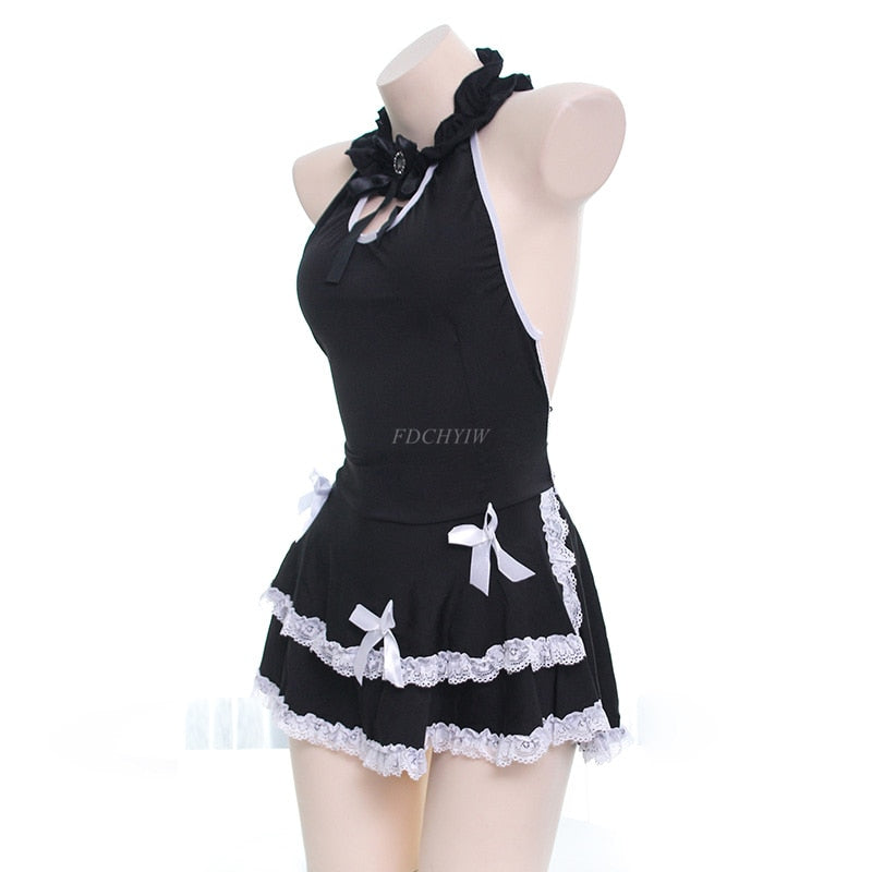 Sexy Japanese Sweet Lolita Cute Lace Bow Sleepwear Halter Backless Maid Dress Gothic Female Lace-up Pajamas Night skirt Lingerie