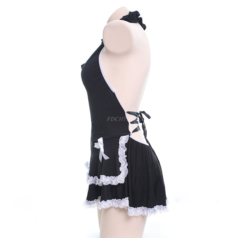 Sexy Japanese Sweet Lolita Cute Lace Bow Sleepwear Halter Backless Maid Dress Gothic Female Lace-up Pajamas Night skirt Lingerie