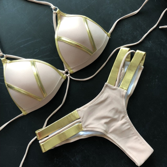 Black Bandage Swimsuit 2019 Sexy Brazilian Bikini Push Up Swimwear Women Micro Bikinis Plus Size Beachwear Shiny Gold Beachwear