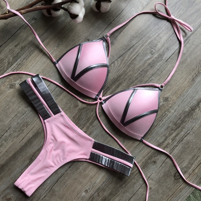 Black Bandage Swimsuit 2019 Sexy Brazilian Bikini Push Up Swimwear Women Micro Bikinis Plus Size Beachwear Shiny Gold Beachwear