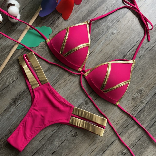 Black Bandage Swimsuit 2019 Sexy Brazilian Bikini Push Up Swimwear Women Micro Bikinis Plus Size Beachwear Shiny Gold Beachwear