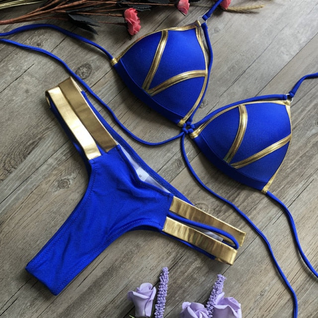 Black Bandage Swimsuit 2019 Sexy Brazilian Bikini Push Up Swimwear Women Micro Bikinis Plus Size Beachwear Shiny Gold Beachwear