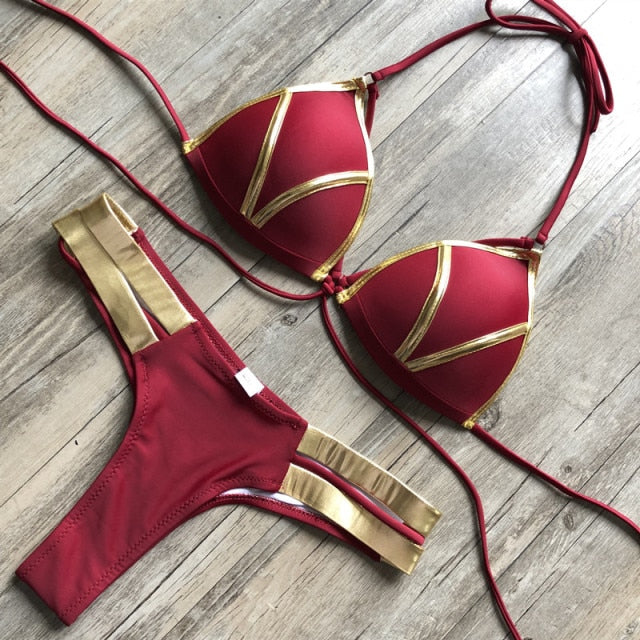 Black Bandage Swimsuit 2019 Sexy Brazilian Bikini Push Up Swimwear Women Micro Bikinis Plus Size Beachwear Shiny Gold Beachwear