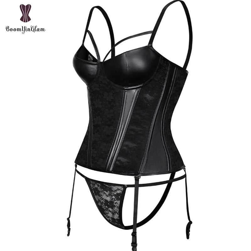 Strap Women Faux Leather Sexy Floral Lace Boned Overbust Corset Black Bustier Waist Cincher Bodyshaper Plus Size