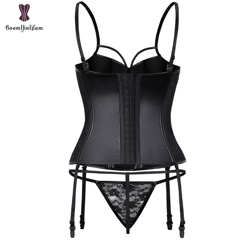 Strap Women Faux Leather Sexy Floral Lace Boned Overbust Corset Black Bustier Waist Cincher Bodyshaper Plus Size