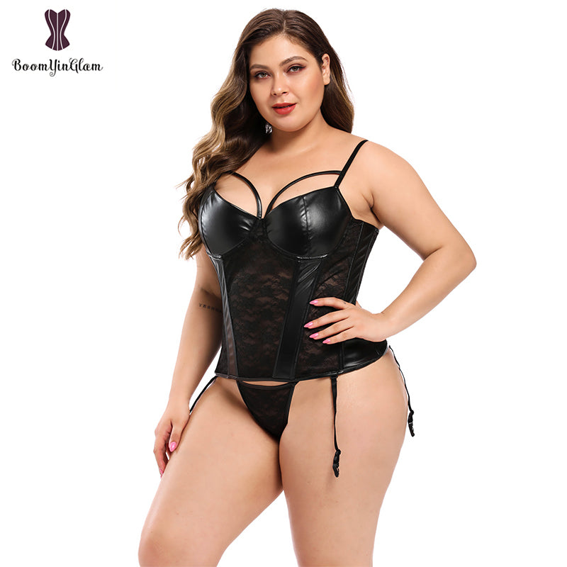 Strap Women Faux Leather Sexy Floral Lace Boned Overbust Corset Black Bustier Waist Cincher Bodyshaper Plus Size