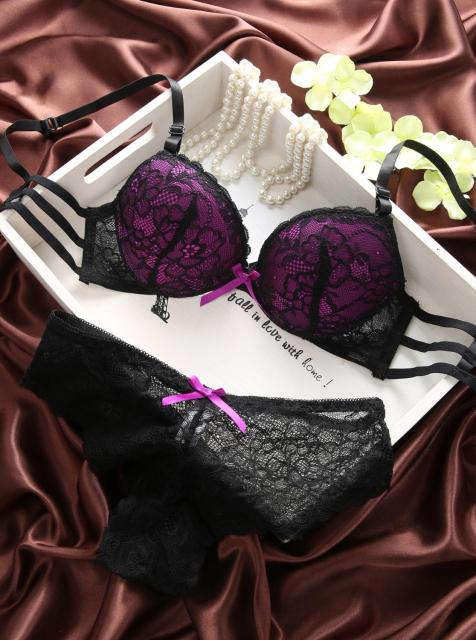 Bras set lace underwear set sexy deep V brassiere thick lingerie set push up bra panties sets embroidery purple pink black women