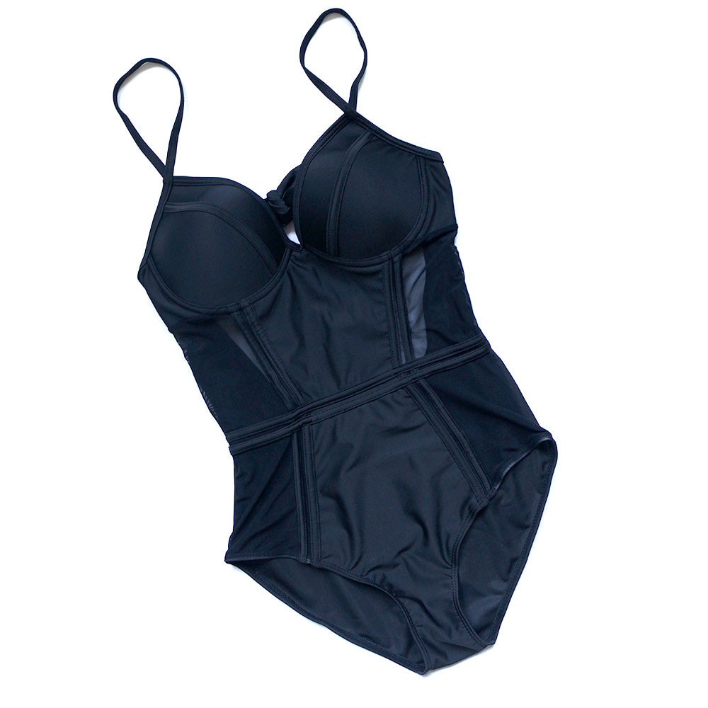 Sexy Black Mesh Push Up One Piece Swimsuit Ladies Monokini Backless Cut Out Swimwear Women Swim Bathing Suit Trikini