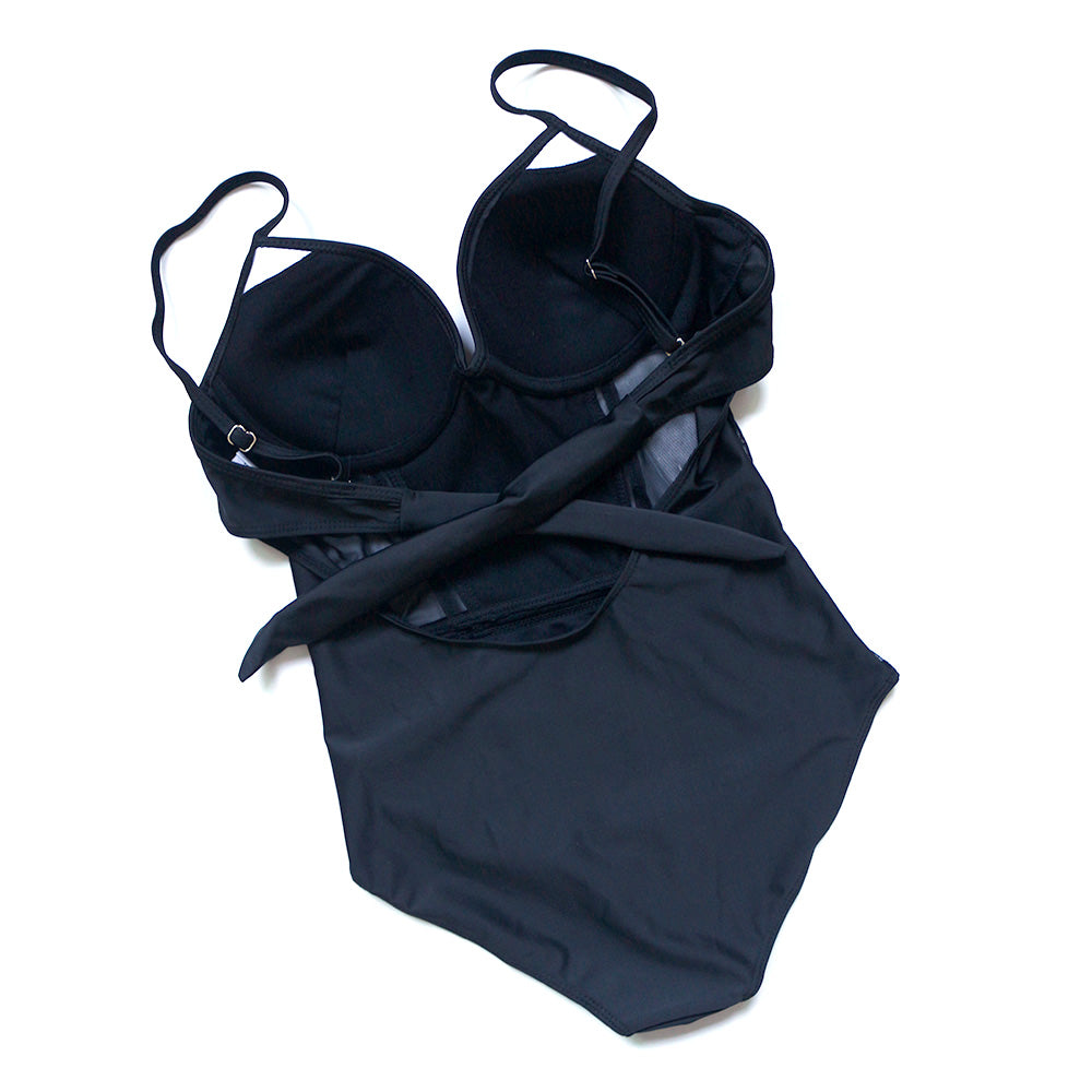 Sexy Black Mesh Push Up One Piece Swimsuit Ladies Monokini Backless Cut Out Swimwear Women Swim Bathing Suit Trikini
