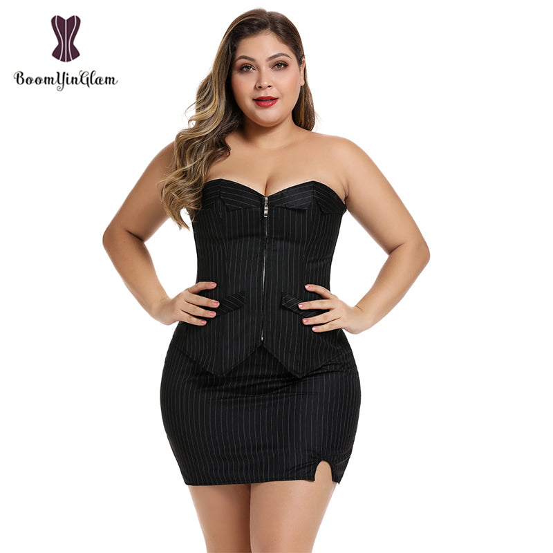 Office Style Women Basques Bustier Stripes Overbust Corsets Top With Skirt Lace Up Boned Corset Dress Plus Size
