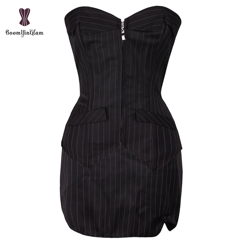 Office Style Women Basques Bustier Stripes Overbust Corsets Top With Skirt Lace Up Boned Corset Dress Plus Size
