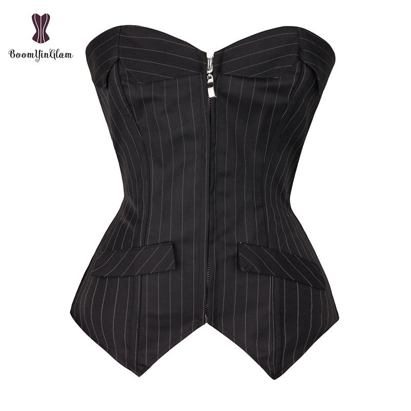 Office Style Women Basques Bustier Stripes Overbust Corsets Top With Skirt Lace Up Boned Corset Dress Plus Size