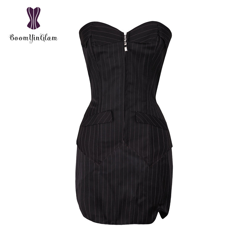 Office Style Women Basques Bustier Stripes Overbust Corsets Top With Skirt Lace Up Boned Corset Dress Plus Size