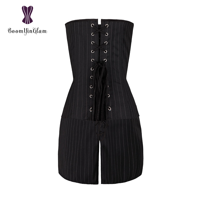 Office Style Women Basques Bustier Stripes Overbust Corsets Top With Skirt Lace Up Boned Corset Dress Plus Size