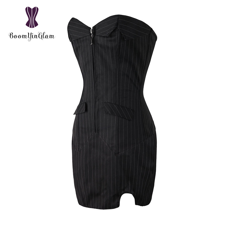 Office Style Women Basques Bustier Stripes Overbust Corsets Top With Skirt Lace Up Boned Corset Dress Plus Size