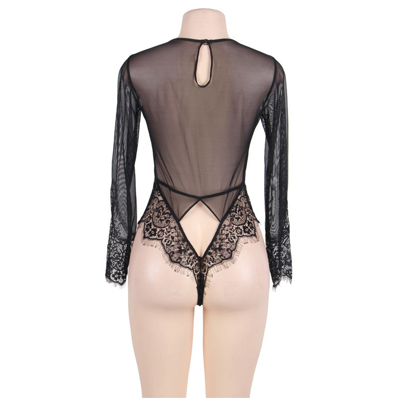 Comeondear Plus Size Teddy Bodysuit Long Sleeve Transparent Lace Bodysuit Sexy V Neck Mesh Bodysuit Summer Short Party Jumpsuit