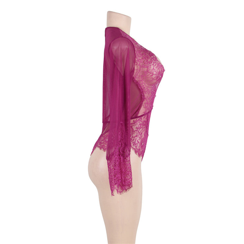 Comeondear Plus Size Teddy Bodysuit Long Sleeve Transparent Lace Bodysuit Sexy V Neck Mesh Bodysuit Summer Short Party Jumpsuit