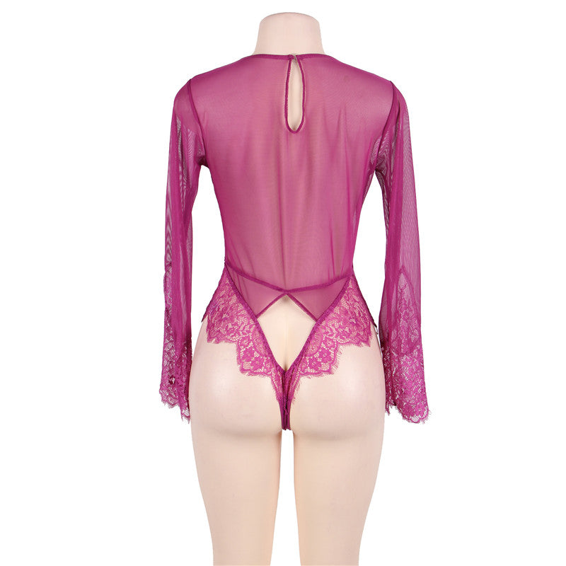 Comeondear Plus Size Teddy Bodysuit Long Sleeve Transparent Lace Bodysuit Sexy V Neck Mesh Bodysuit Summer Short Party Jumpsuit
