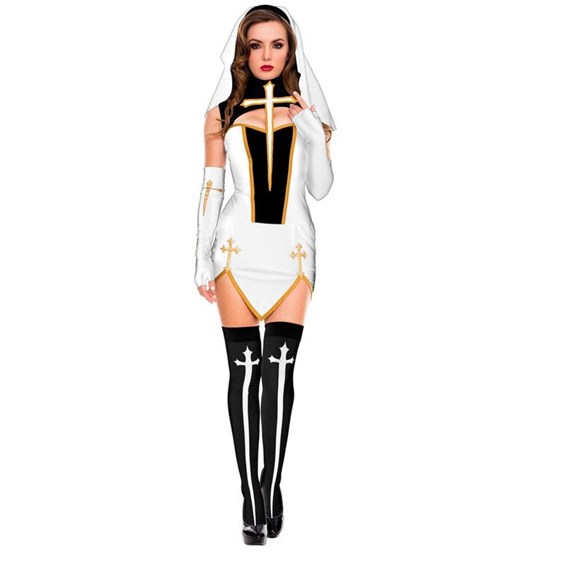 Virgin Mary Sexy Nun Costume Adult Women Cosplay Dress With Black Hood For Halloween Sister Cosplay Party Costume Nun Outfits